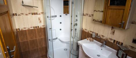 A bathroom with a glass-enclosed shower, a sink, and a mirror.