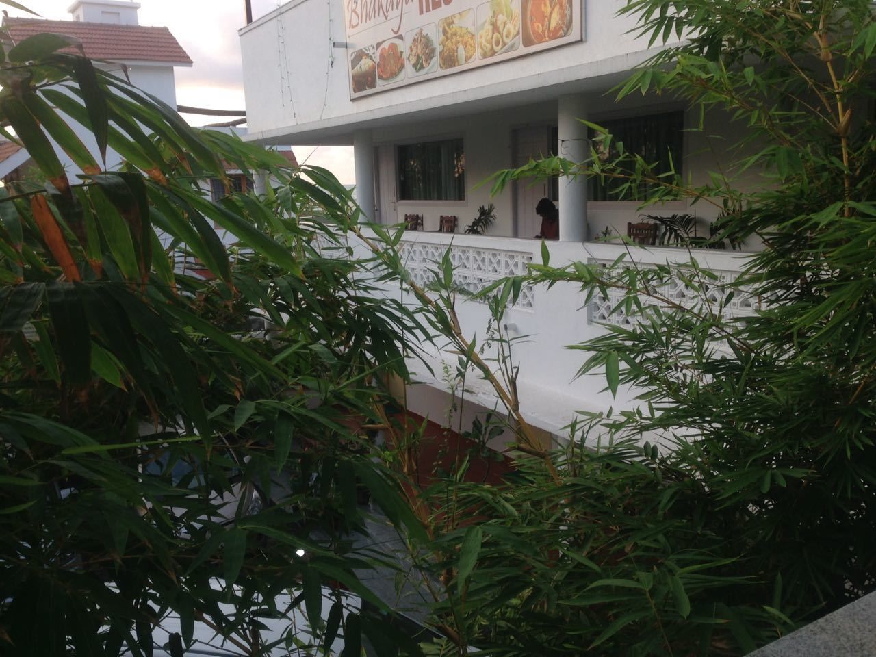 A building with a white facade and a balcony with potted plants.