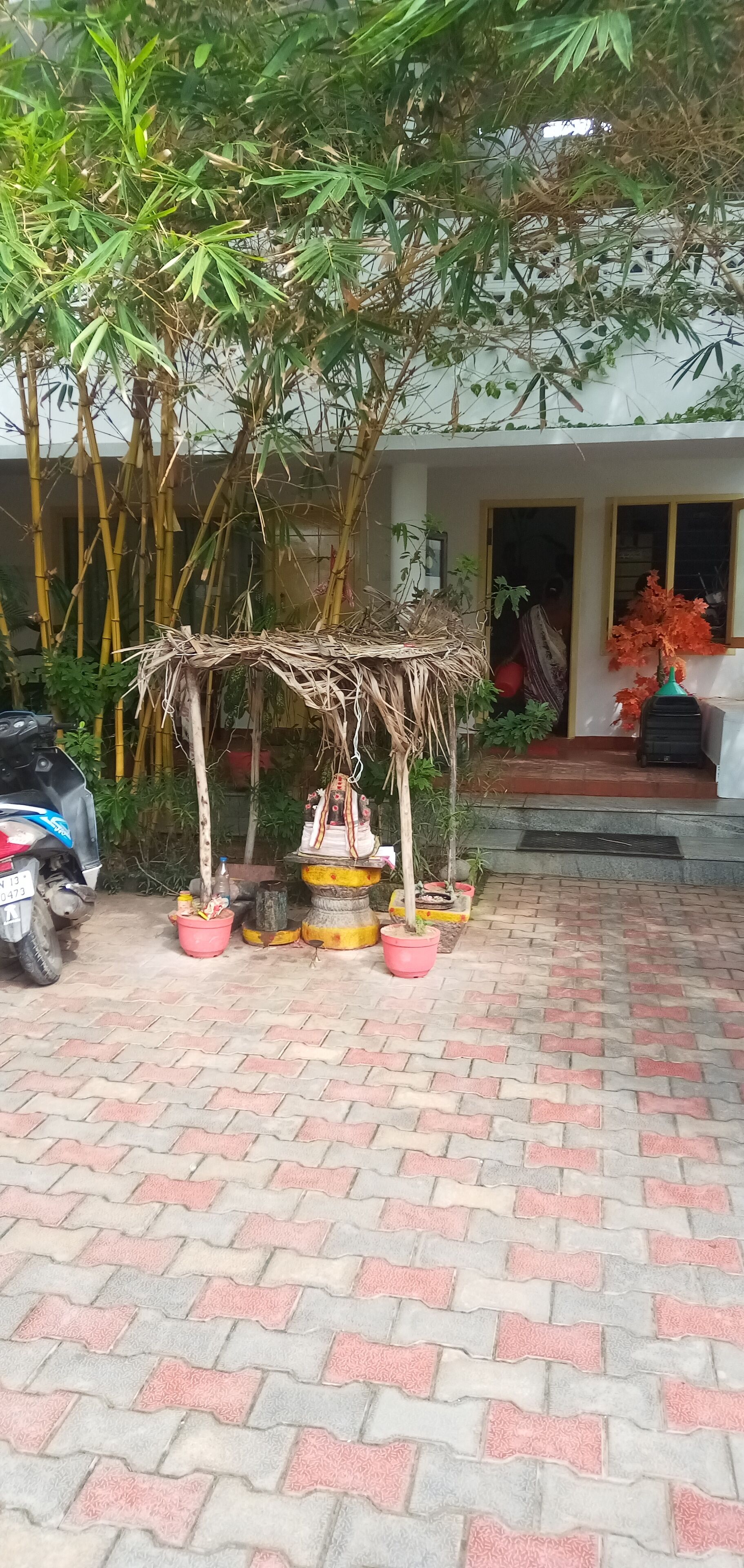Una zona pavimentada amb plantes en testos i una moto.