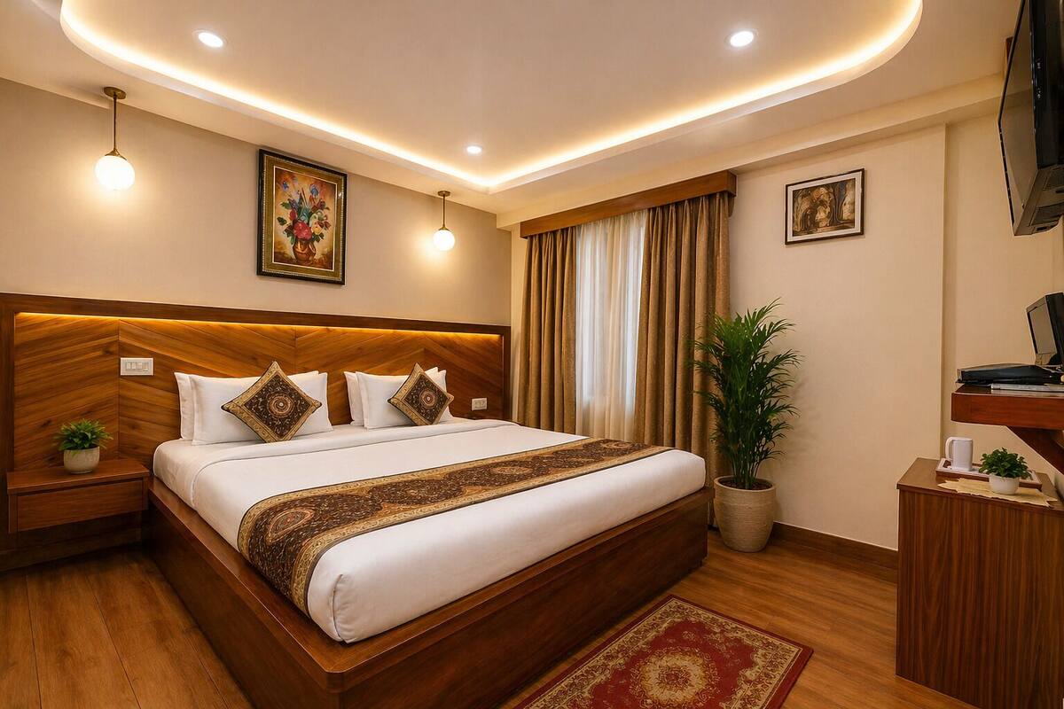 Habitación de hotel con cabecera de madera, una cama grande con ropa de cama blanca, un corredor estampado en rojo y dorado, una planta en maceta, un escritorio con una computadora y un televisor.