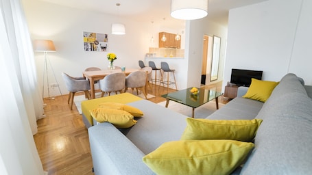 Superior Apartment, 2 Bedrooms | Living area | 43-inch flat-screen TV with cable channels, TV