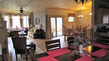 TV connectée, cheminée, lecteur de DVD, livres