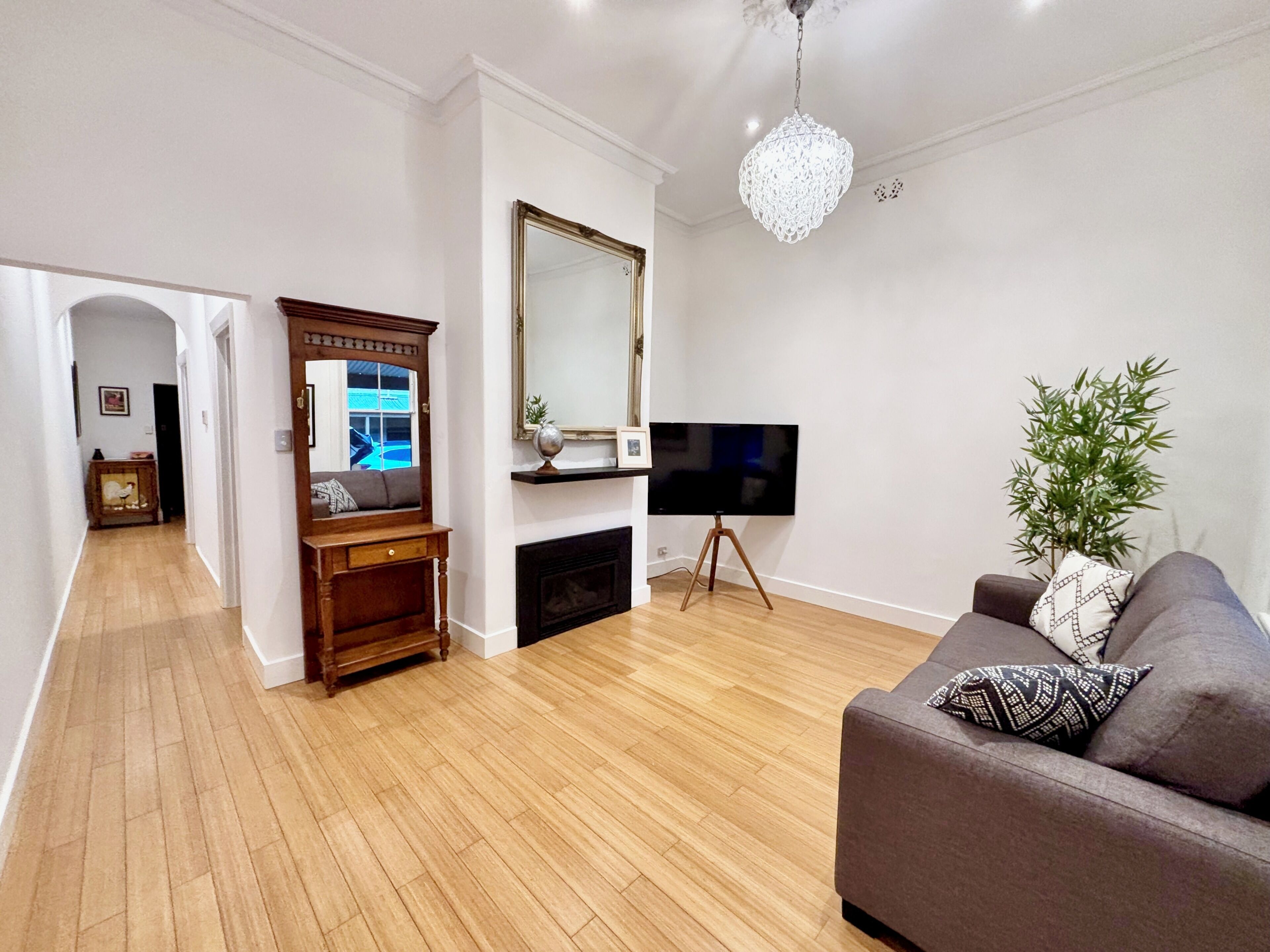Smart TV, fireplace, DVD player, books