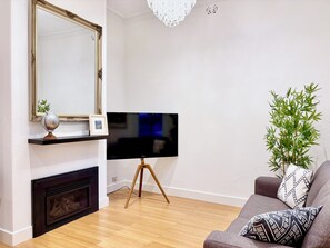 Smart TV, fireplace, DVD player, books