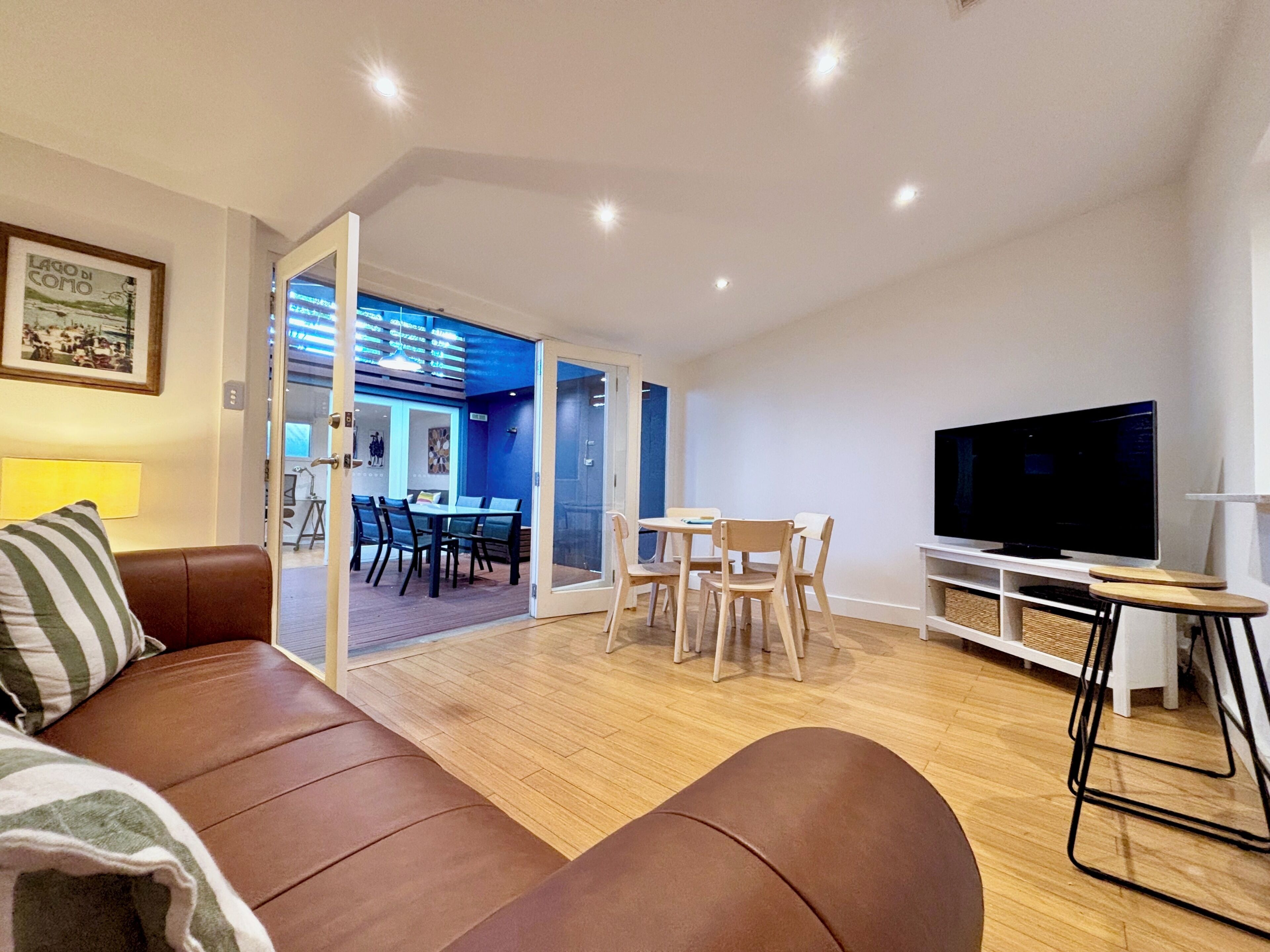 Smart TV, fireplace, DVD player, books