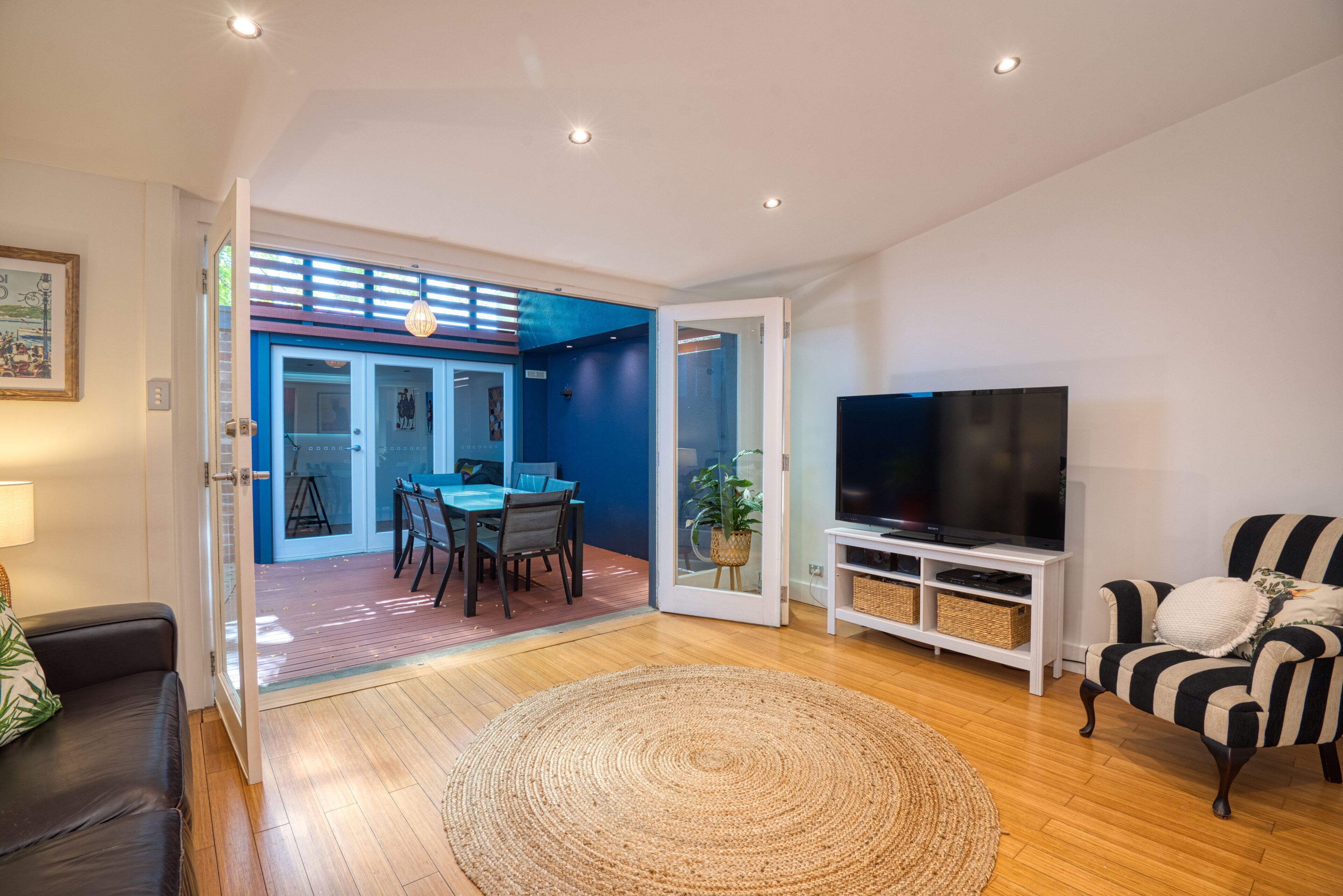 TV connectée, cheminée, lecteur de DVD, livres