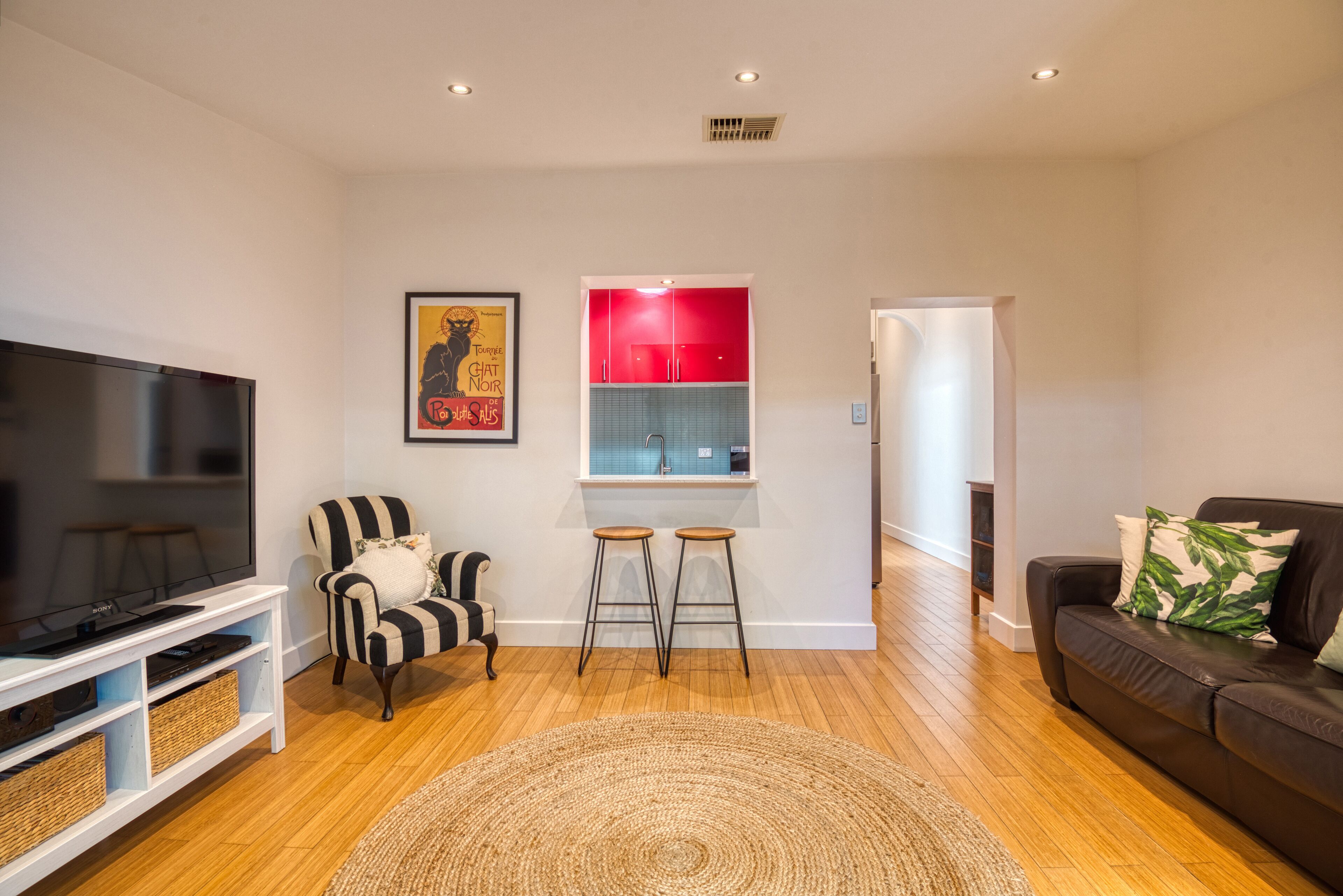 TV connectée, cheminée, lecteur de DVD, livres