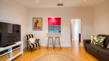 TV connectée, cheminée, lecteur de DVD, livres