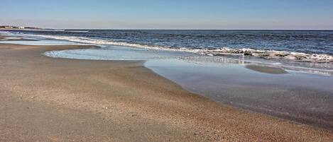 Una playa con arena mojada y olas suaves.