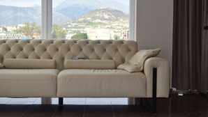 A beige tufted sofa in a room with large windows overlooking a mountainous landscape.