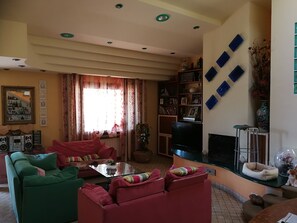 TV connectée, cheminée, livres, chaîne hi-fi