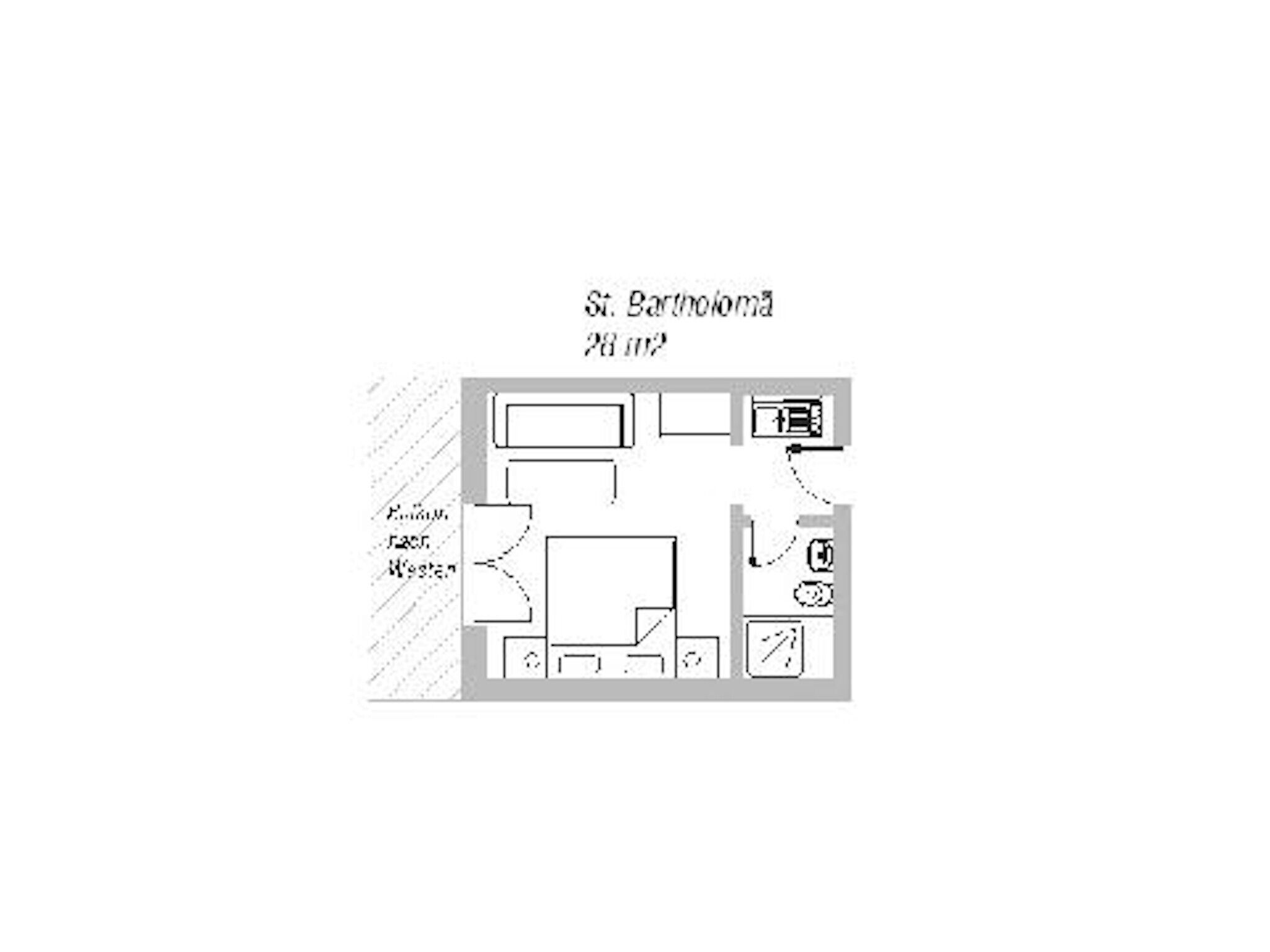 Een plattegrond van St. Bartolomea Alt. met een keuken, een eethoek en twee slaapkamers.