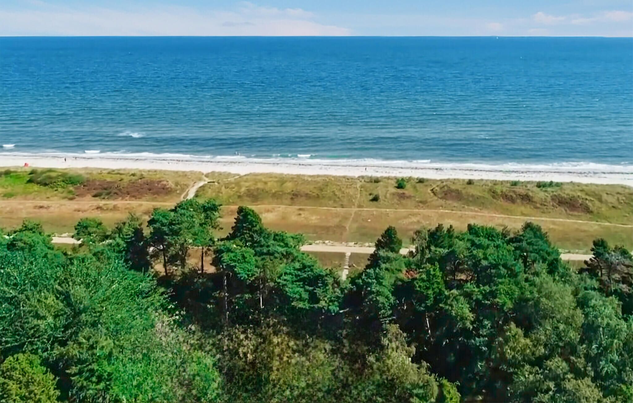 Een kustlandschap met een strand, weelderige begroeiing en een helder uitzicht over de oceaan.