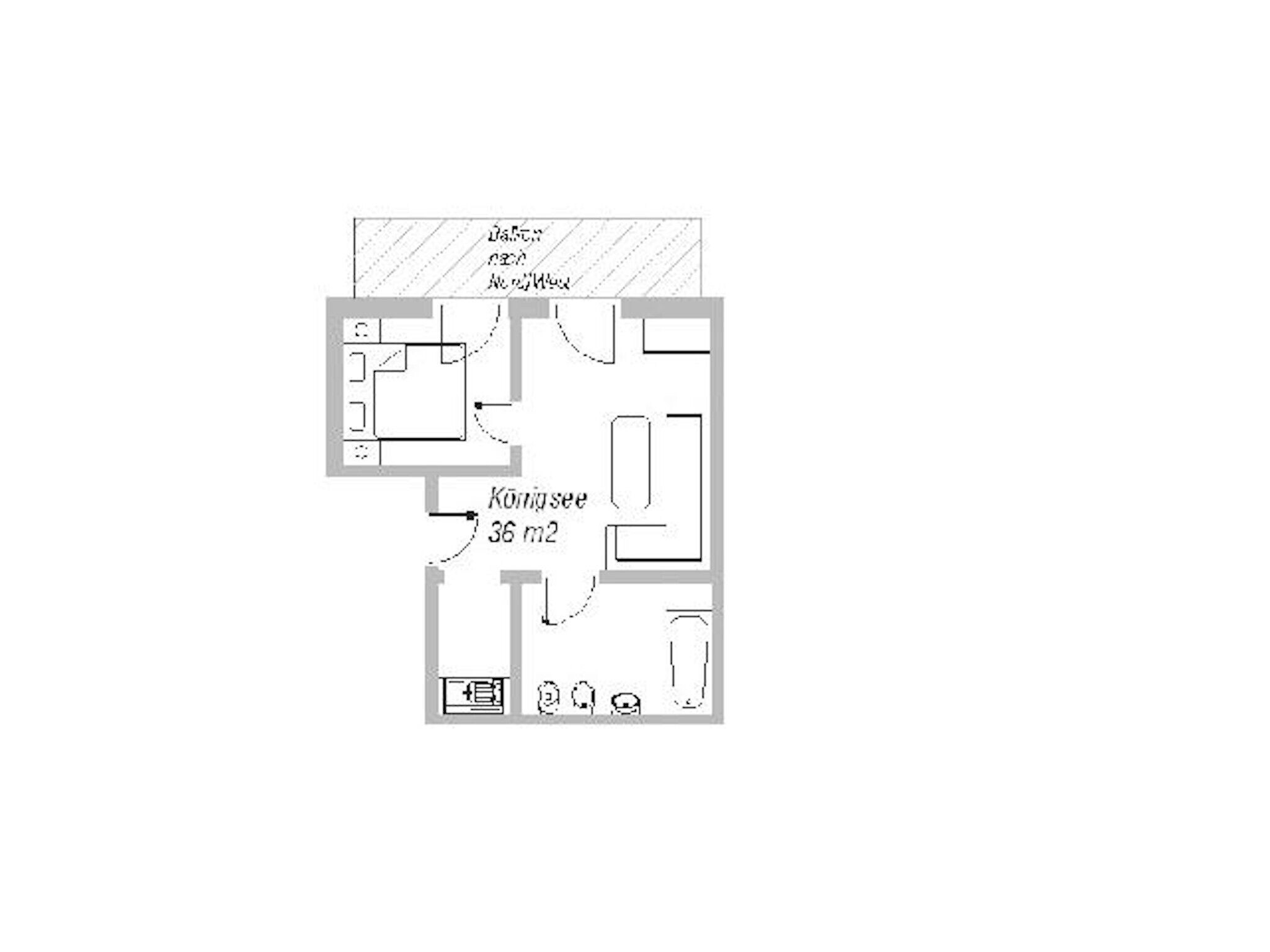 A floor plan of a hotel room with a kitchenette, a bathroom, and a living area.