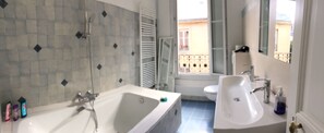 Combined shower/bathtub, hair dryer, towels, soap