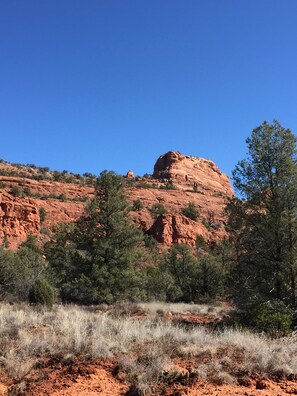 Un paysage naturel caractérisé par une formation rocheuse rouge imposante, entourée d’arbres et d’arbustes verdoyants.