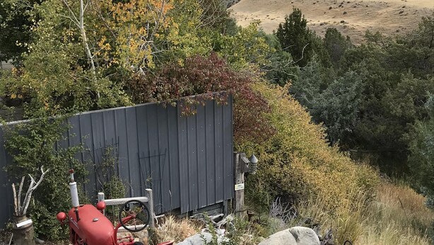 A red tractor in a garden with a view of rolling hills.