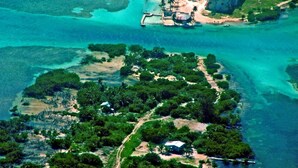 Une vue aérienne d’une zone côtière, avec des eaux turquoise limpides, une petite île couverte d’une végétation luxuriante et quelques bâtiments aux toits rouges.