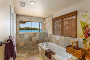 Hair dryer, towels, soap, shampoo