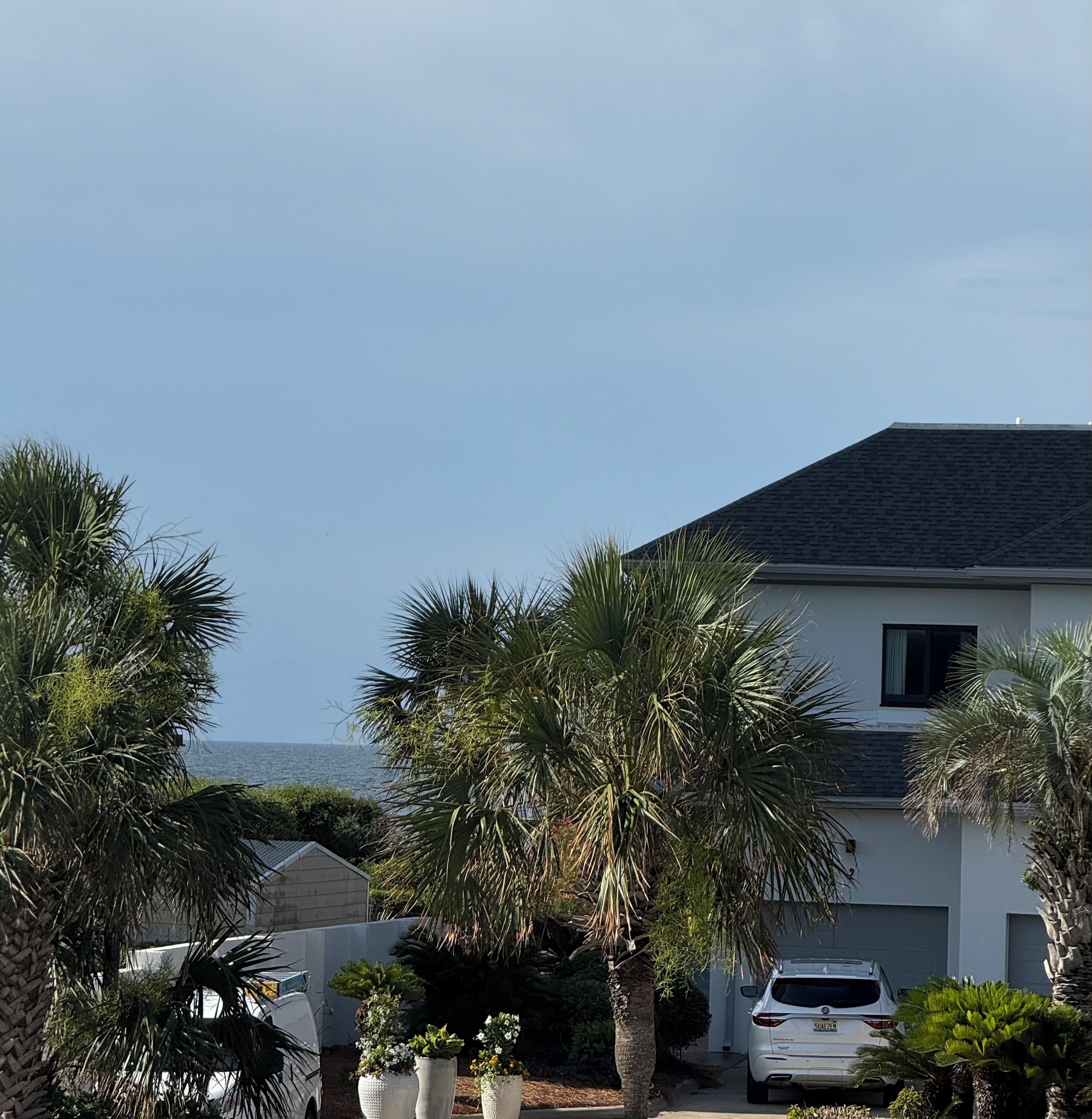 A residential area with a house, parked cars, and palm trees.