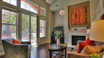 TV, fireplace, DVD player, printers