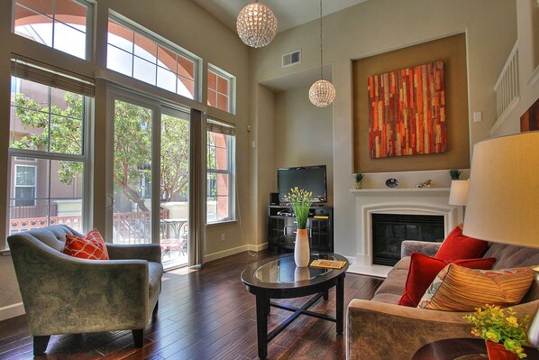 TV, fireplace, DVD player, printers