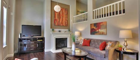 TV, fireplace, DVD player, printers