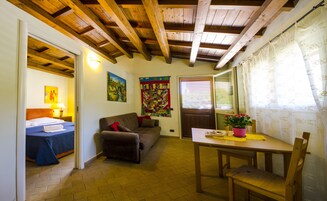Una habitación acogedora con cama, sofá, una mesa con una planta y una ventana con cortinas.