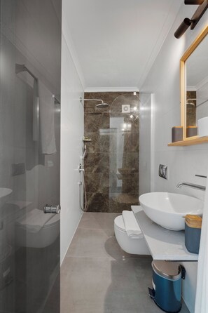 Douche, articles de toilette gratuits, sèche-cheveux, chaussons