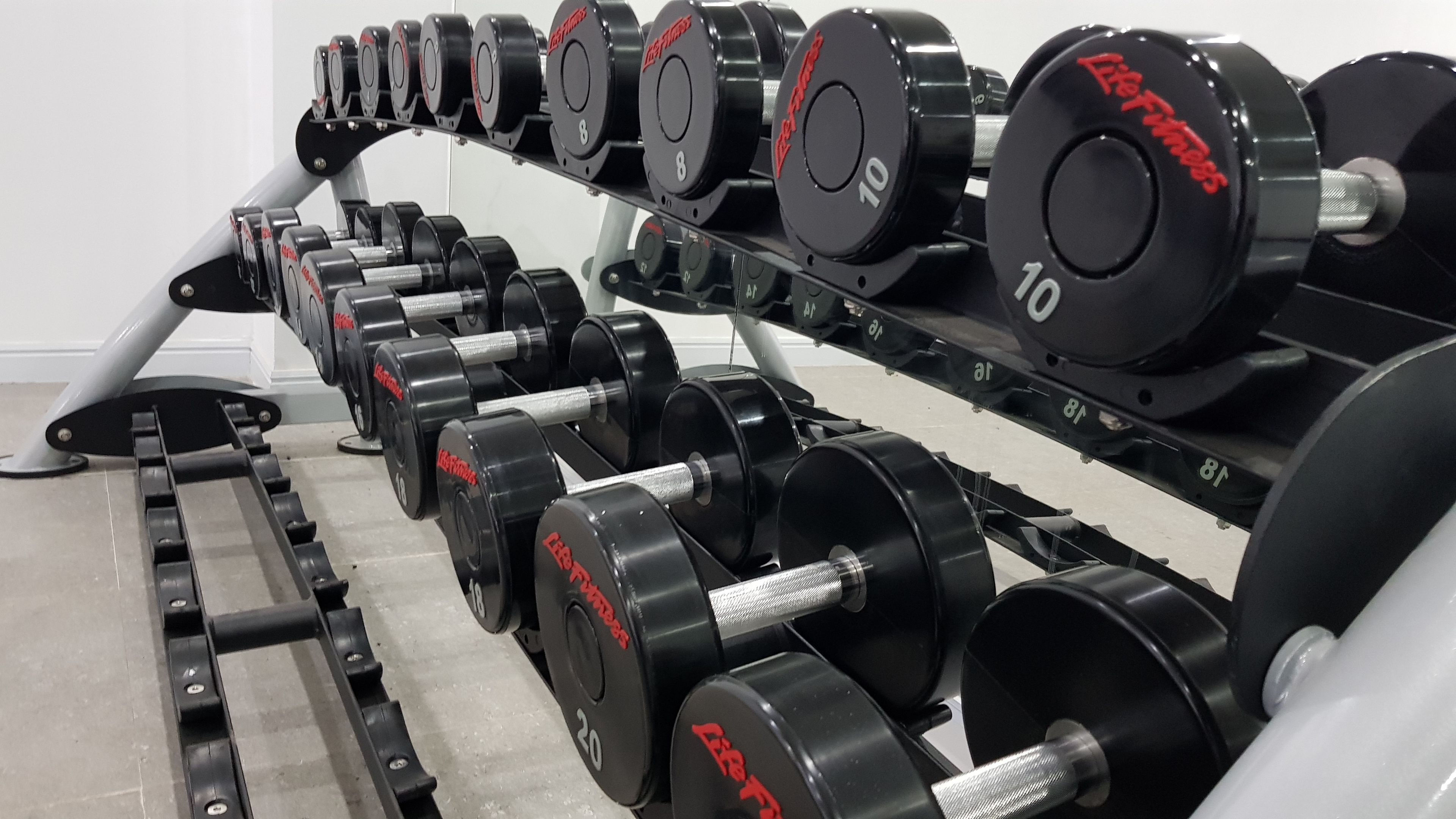 A rack of weight plates and dumbbells, likely in a gym setting.