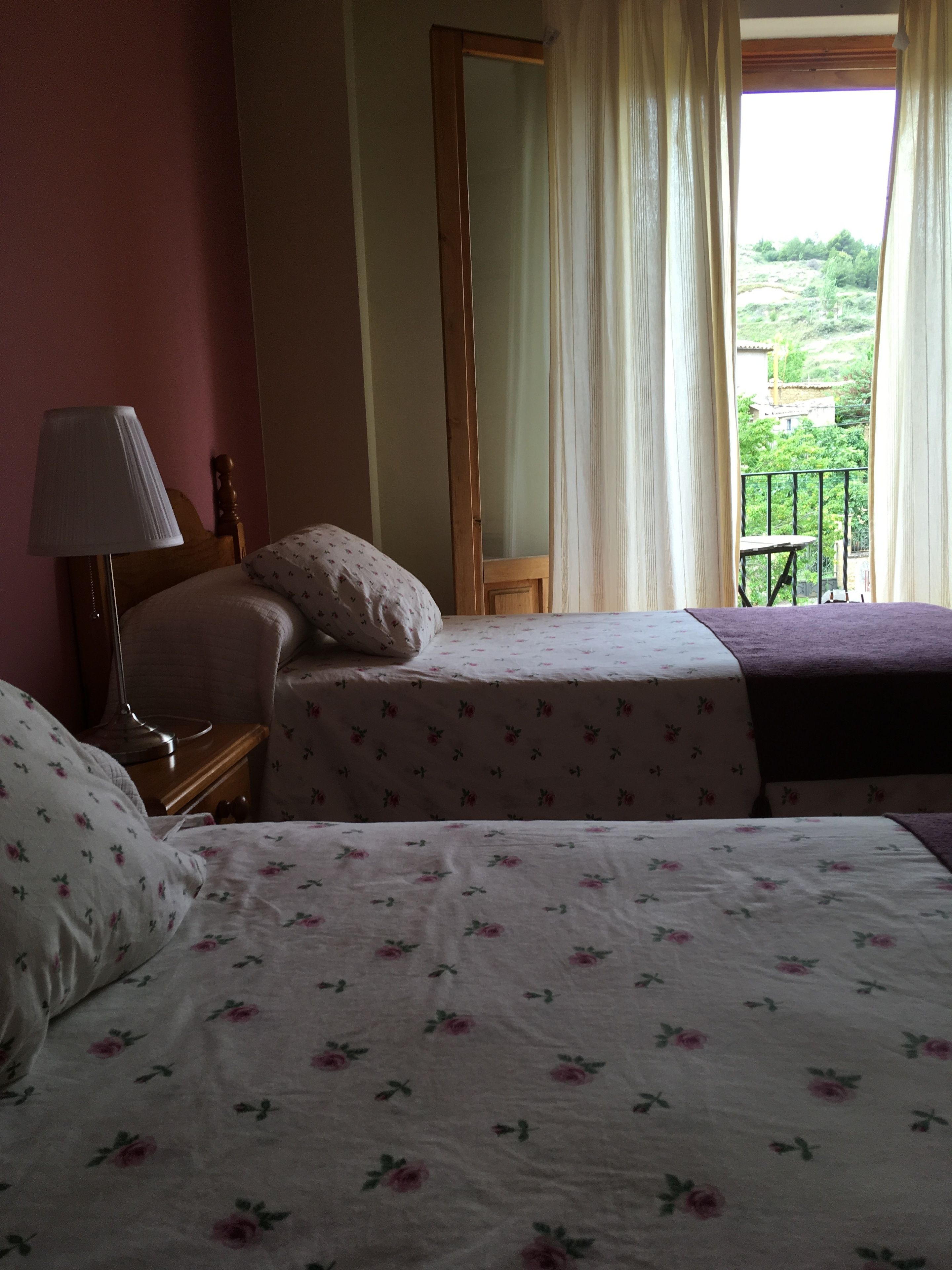 Un dormitorio con dos camas, una mesita de noche, una lámpara, un espejo y vistas a un balcón con vegetación.