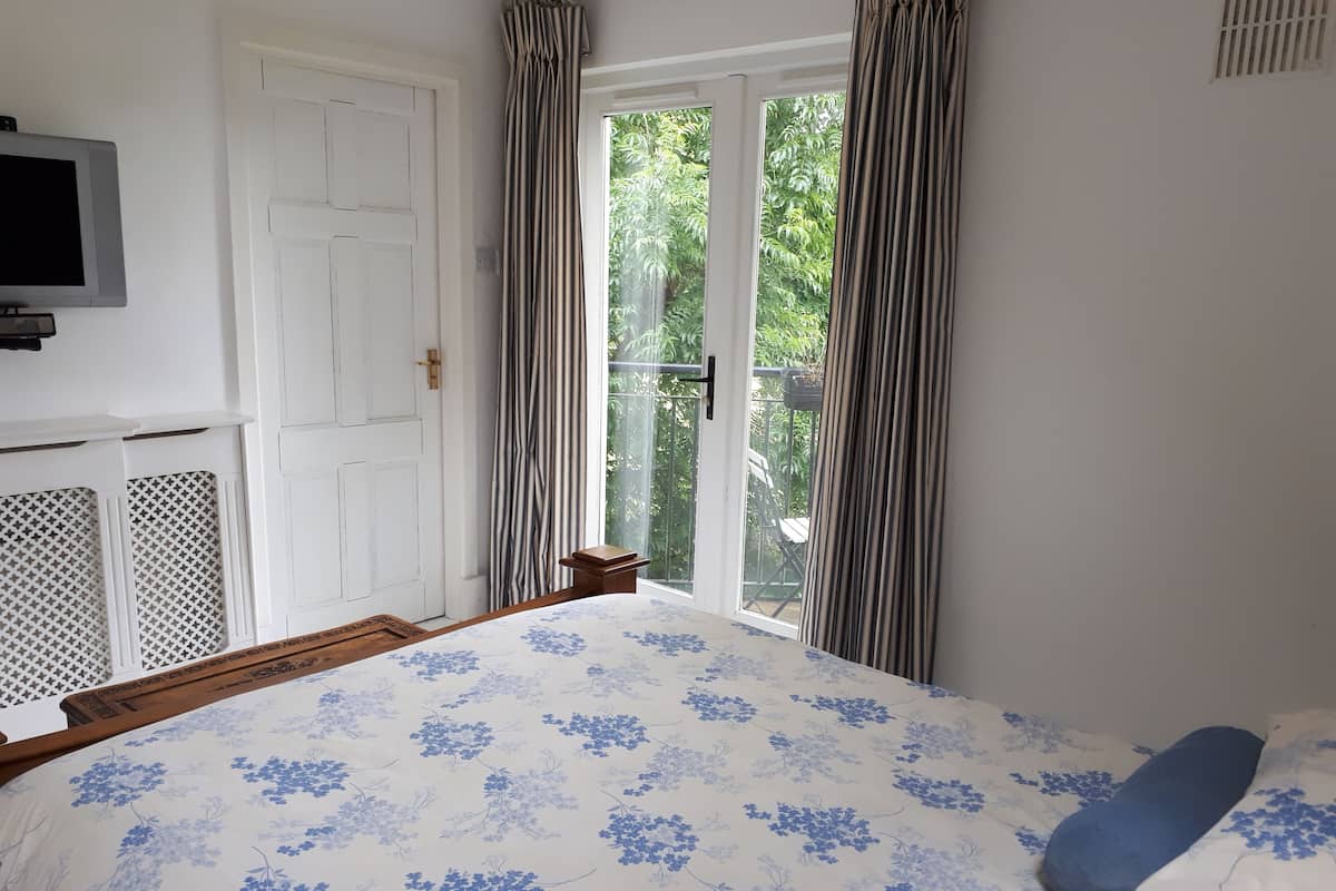 A bedroom with a bed, a TV, a door, and a view of greenery outside.