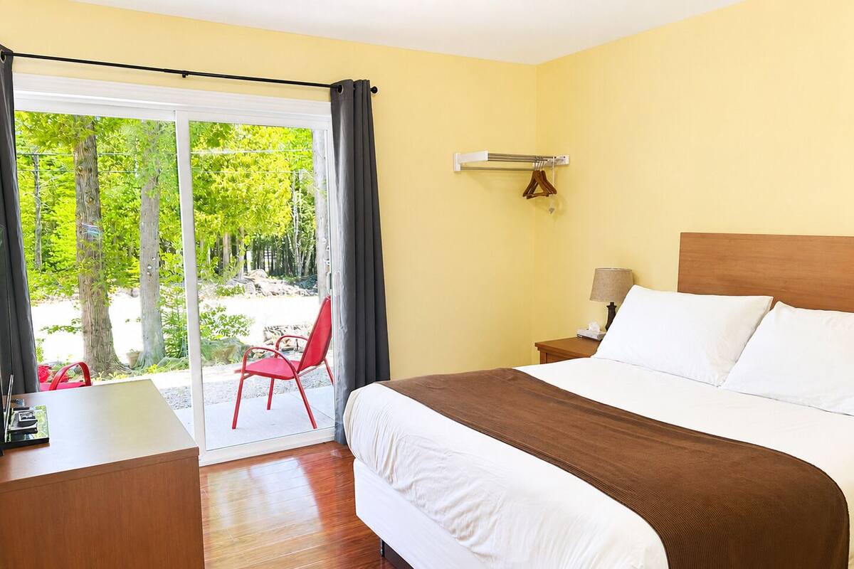 Une chambre d’hôtel comprenant un lit, un bureau, une chaise, une table de chevet avec une lampe, et une vue sur les arbres par une porte coulissante.