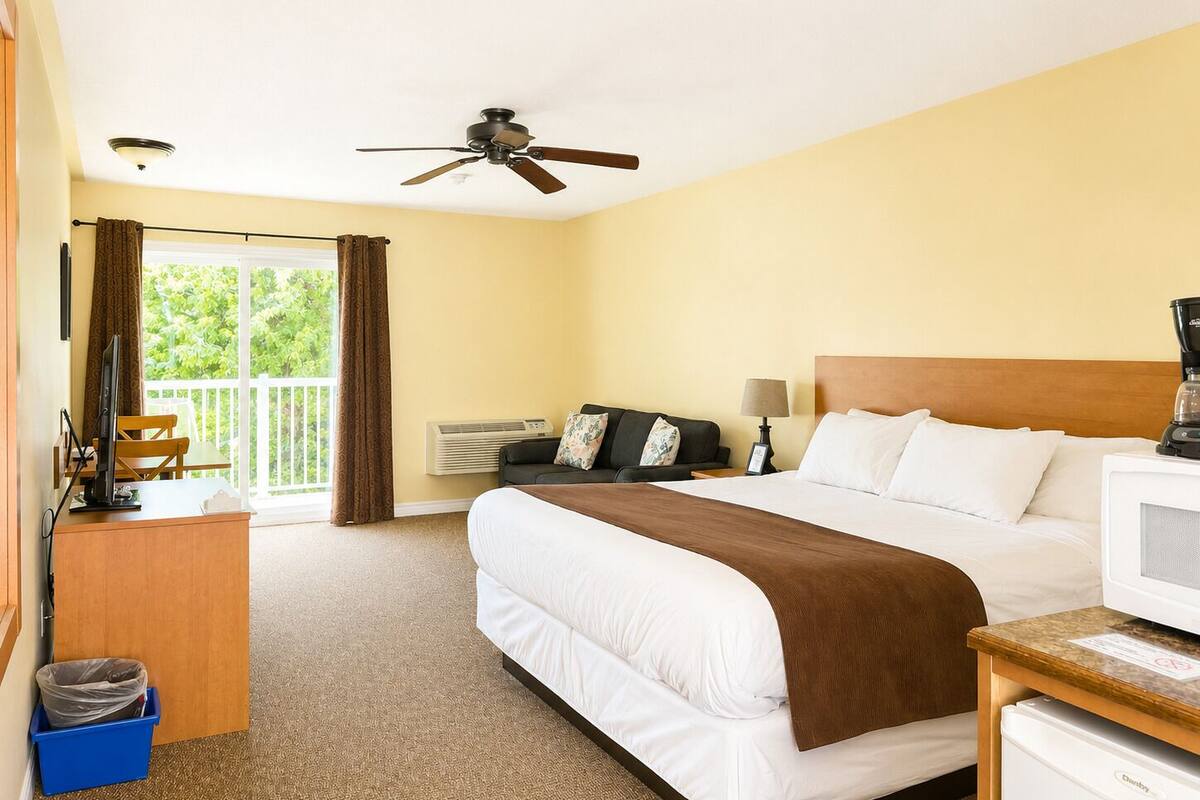 Une chambre d’hôtel équipée d’un lit, d’un bureau, d’une chaise, d’une télévision et d’un ventilateur de plafond.