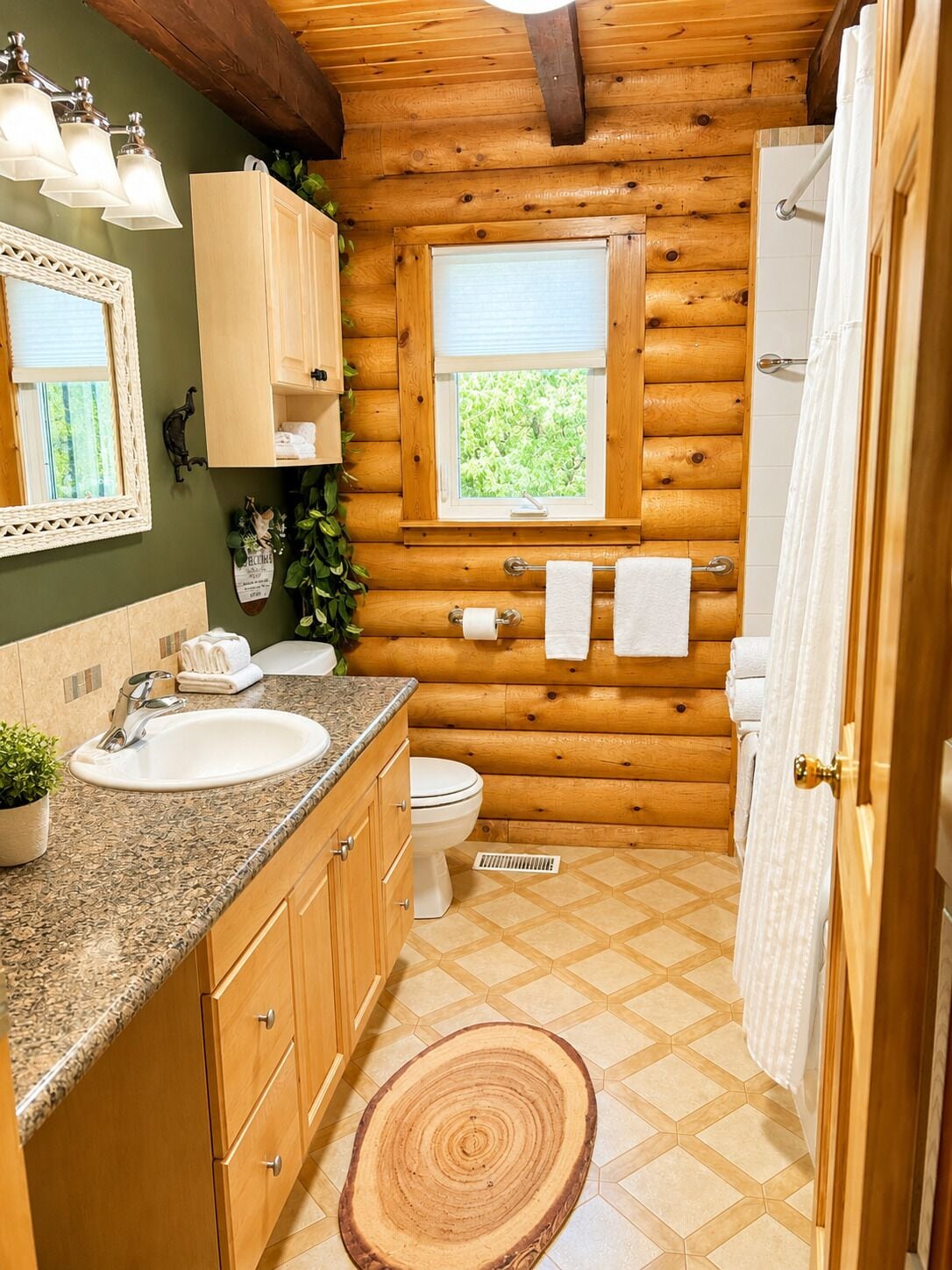 A log cabin bathroom with a sink, toilet, and shower.