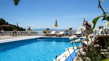 Seasonal outdoor pool, sun loungers