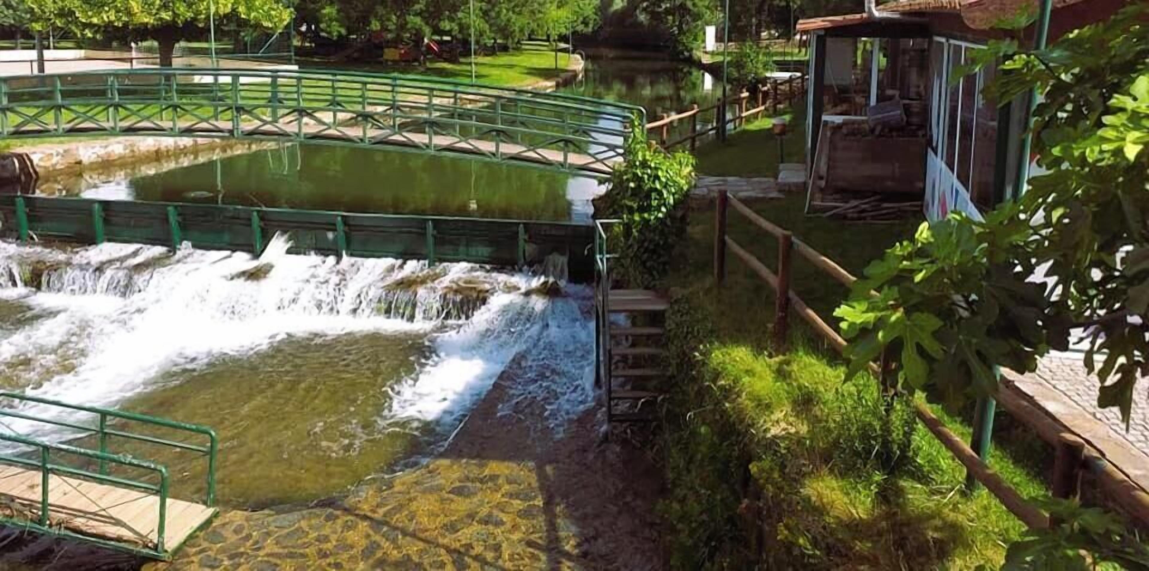 Un pequeño cascada, un puente verde y un pabellón en un parque.