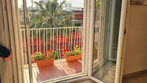 Eine Glasschiebetür führt zu einem Balkon mit Blumentöpfen und einem Metallgeländer.