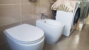 Shower, hair dryer, bidet, towels