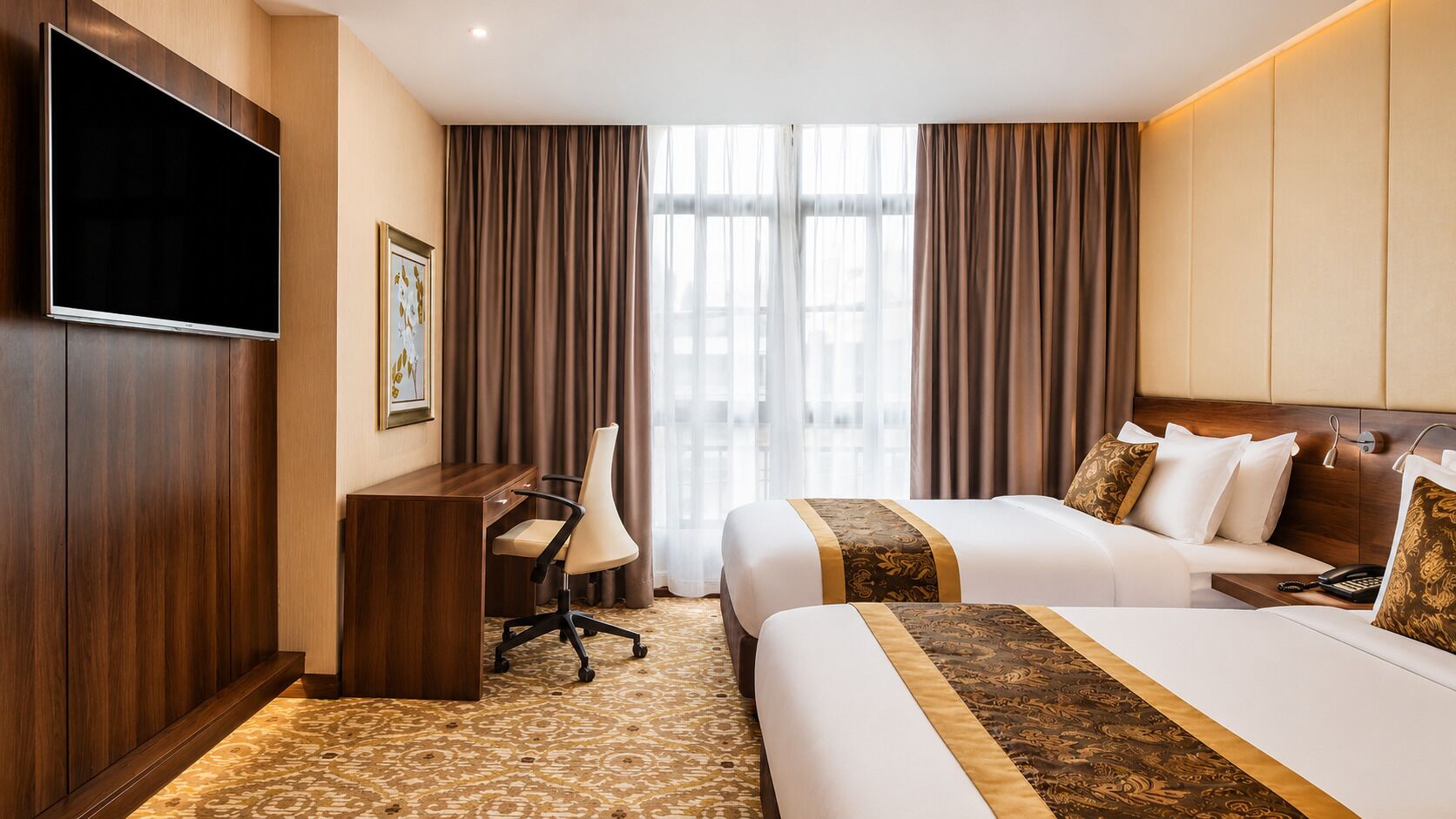 Habitación de hotel con dos camas, un escritorio, una silla, un televisor y un ventanal con cortinas.
