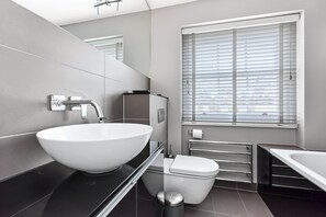 Combined shower/tub, hair dryer, towels