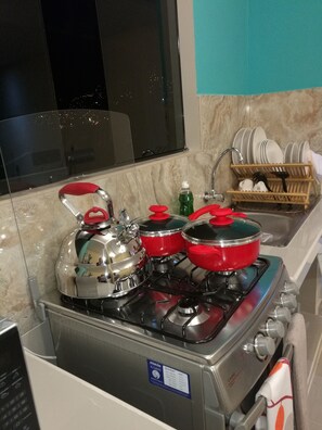 Fridge, microwave, oven, coffee/tea maker