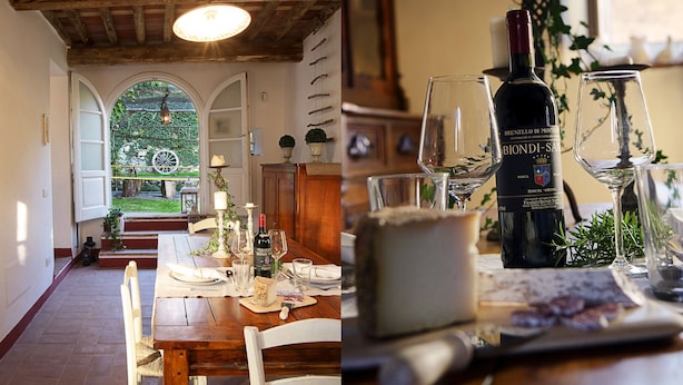 A dining area with a table set for two, a bottle of Brunello di Montalcino wine, and a glass of white wine. - Tuscan rustic house with exclusive private garden (Montemagno)