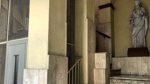 A staircase with marble steps and a statue on the right.