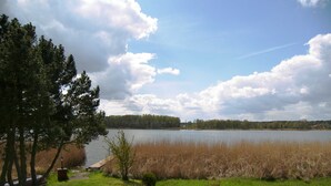Uitzicht op een meer met een houten hek, een lantaarnpaal en een kleine struik.