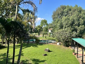 A lush garden with a pool, palm trees, and a gazebo. - The Space Airport Hotel Chiang Rai (Chiang Rai)