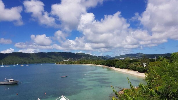 A coastal landscape with a beach, boats, and lush greenery. - Authentic and comfortable Martinique Villa with pool, 400m from the beach  (Sainte-Anne)