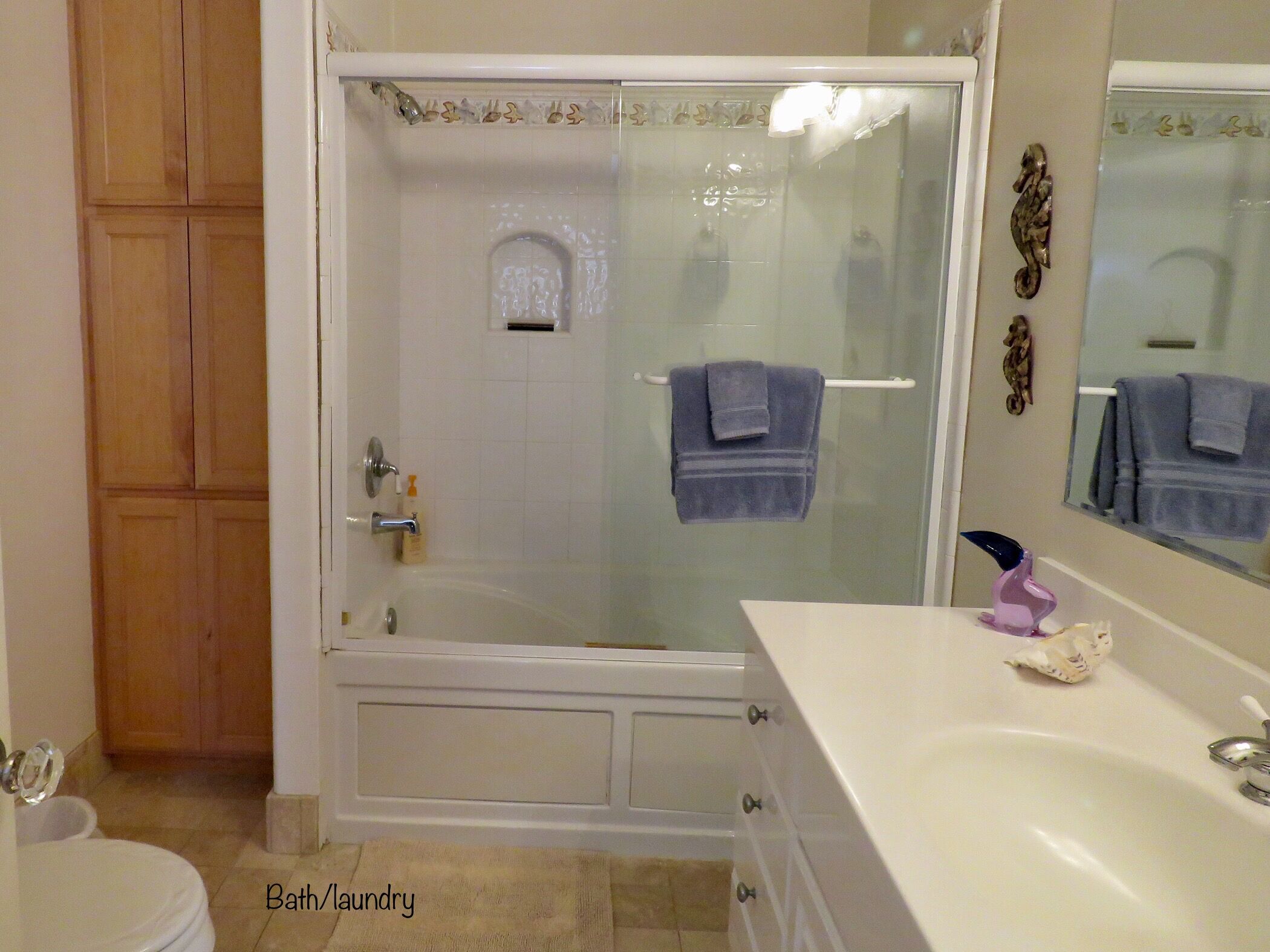Combined shower/tub, hair dryer, towels, soap