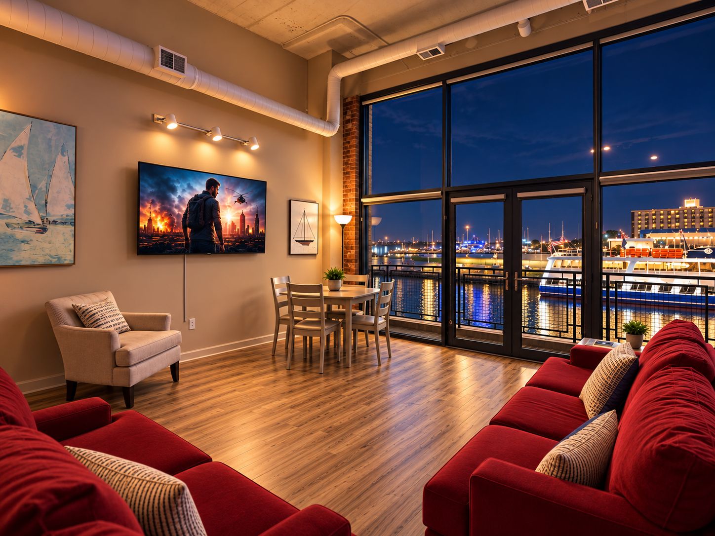 Ein modernes Wohnzimmer mit großem Fenster mit Blick auf eine Marina bei Nacht.