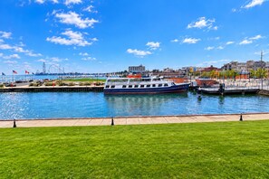 A waterfront area with a large boat docked at a marina, surrounded by a grassy promenade and a cityscape in the background.